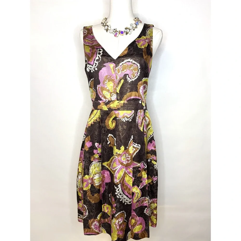 Tory Burch Silk Metallic Paisley Floral V-Neck Fit & Flare Cocktail Dress  4